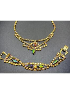 Vintage AB and Topaz Rhinestone Necklace and Bracelet SET